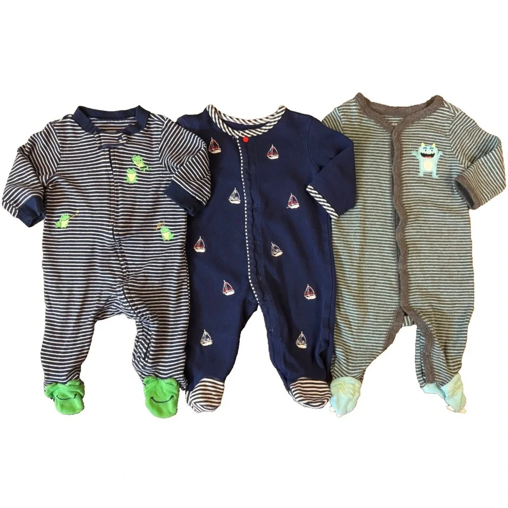 Carters Baby Boy 3 Months Footed Sleepers Rompers Outfits‎ Clothes Monster Frogs